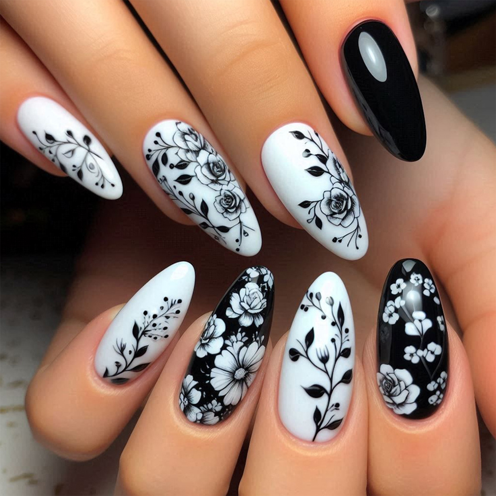 24Pcs Almond Fake Nails Black/ - Pressed Flower Art reseña y precio
