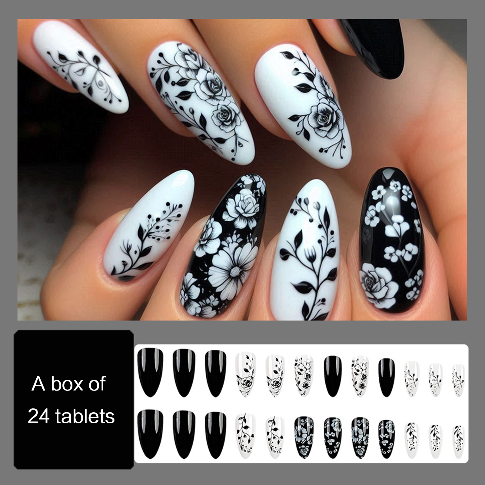 24Pcs Almond Fake Nails Black/ - Pressed Flower Art reseña y precio