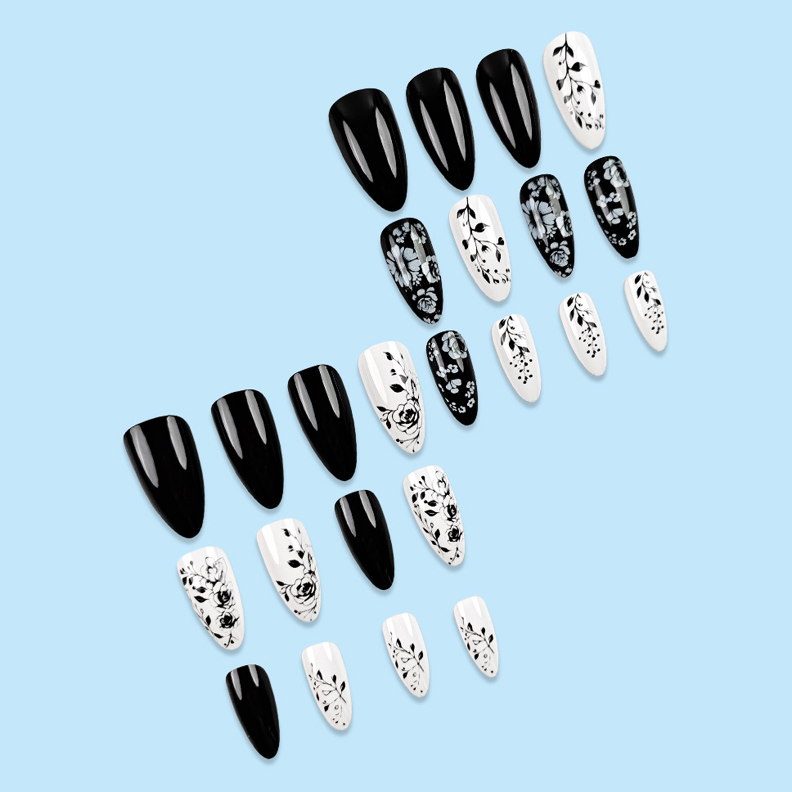 24Pcs Almond Fake Nails Black/ - Pressed Flower Art reseña y precio