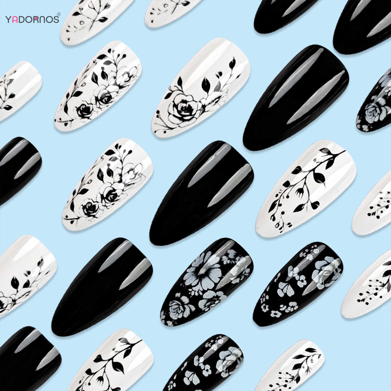 24Pcs Almond Fake Nails Black/ - Pressed Flower Art reseña y precio