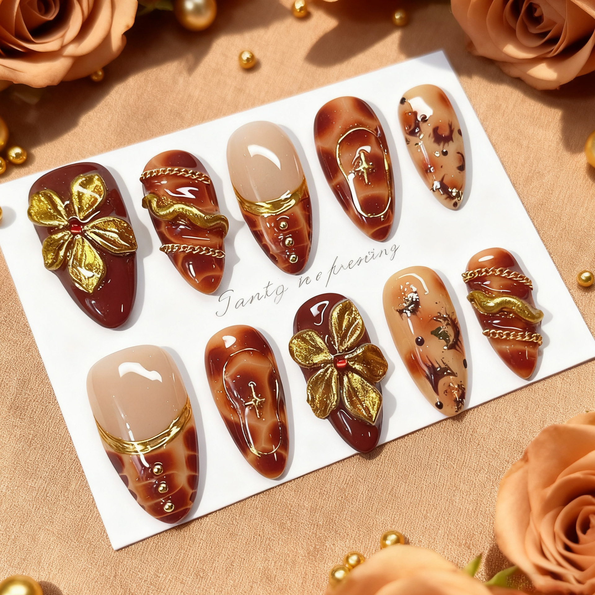 24pcs Flower False Nails Brown - Pressed Flower Art reseña y precio