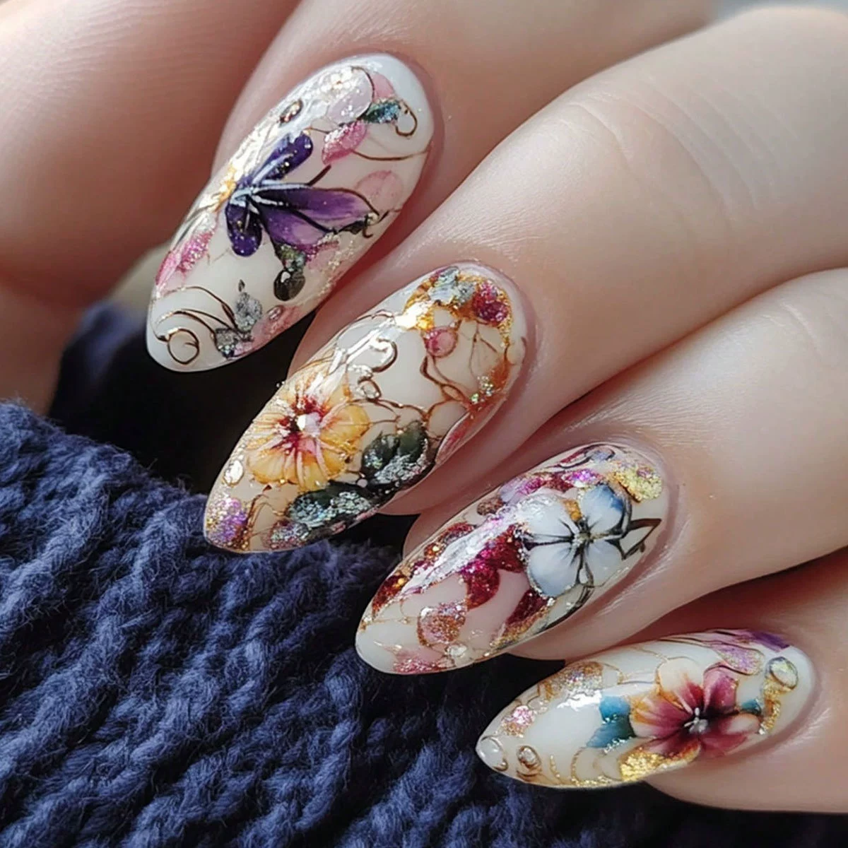 24Pcs Simple Almond Nails Tips - Pressed Flower Art reseña y precio