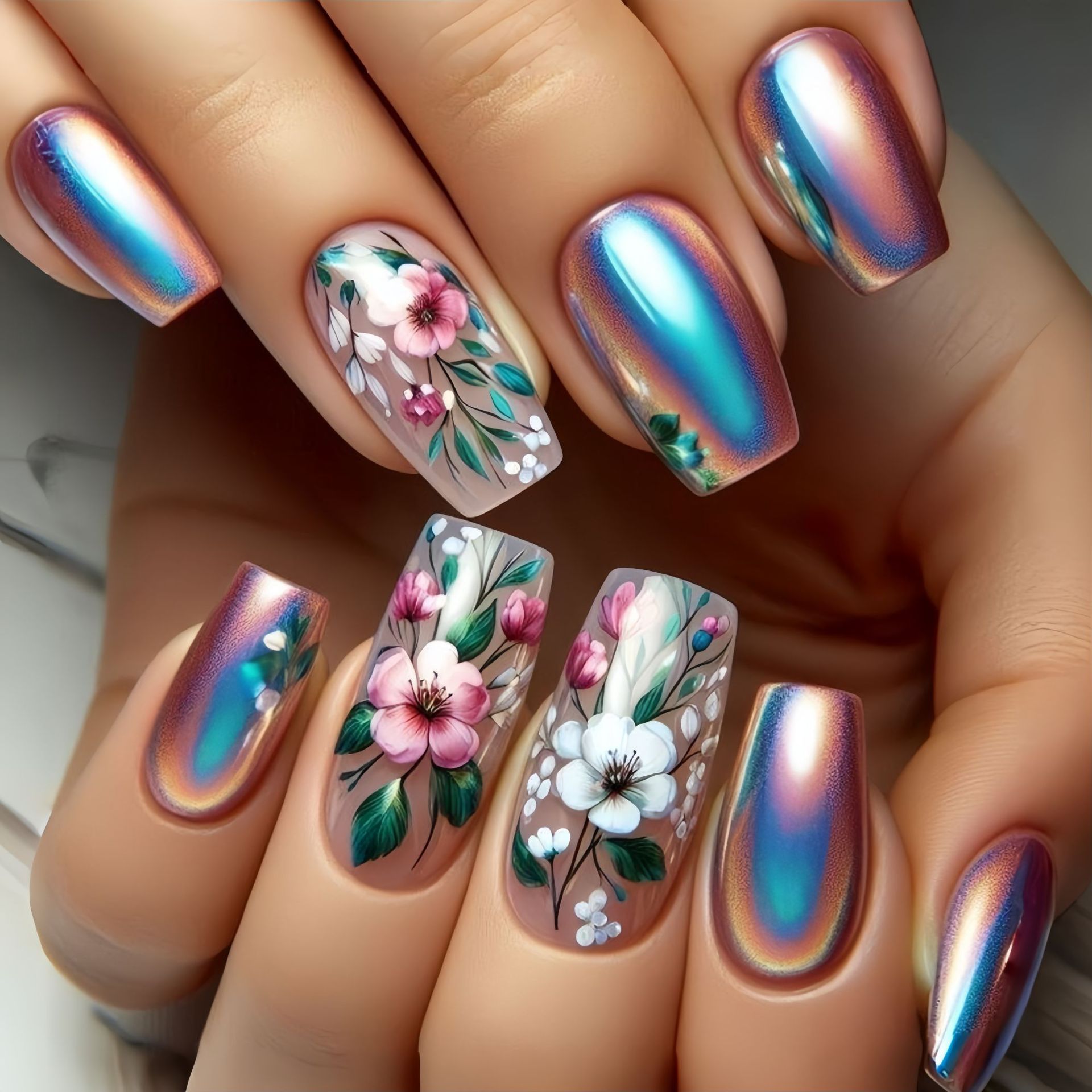 Medium long fake nails for wom - Pressed Flower Art reseña y precio