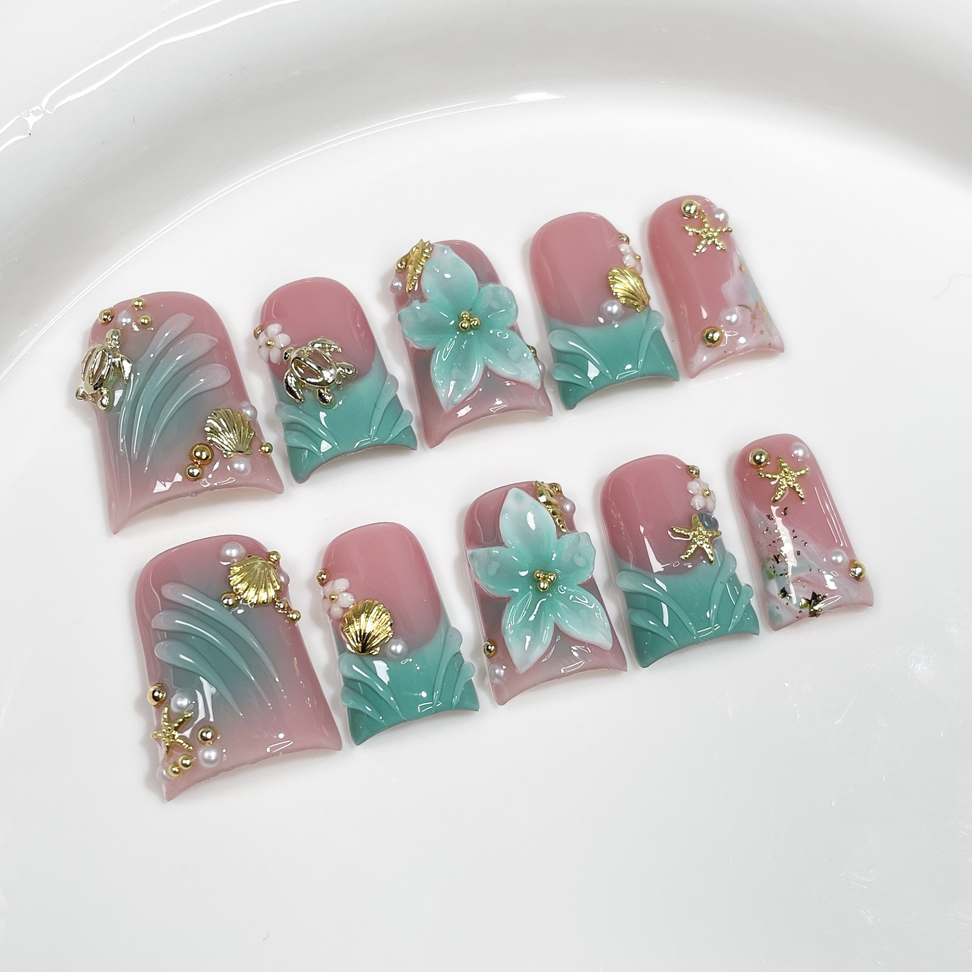 10pcs Ocean Style Fake Nails D - Pressed Flower Art reseña y precio