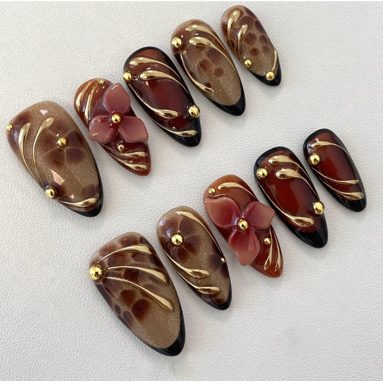 24pcs Leopard Print Brown Nail - Pressed Flower Art reseña y precio